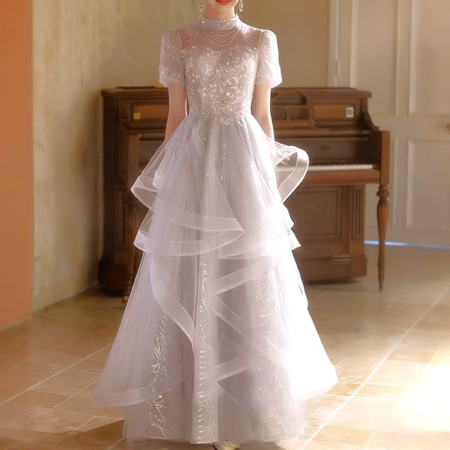 DreesHouse-Puff-Sleeve Sequined A-Line Layered Evening Gown
