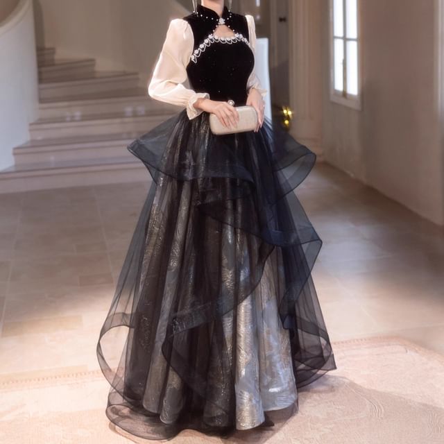 DreesHouse-Puff-Sleeve Two-Tone Stand Collar A-Line Mesh Overlay Evening Gown