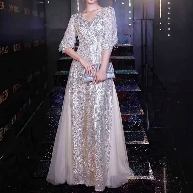 DreesHouse-Puff-Sleeve V-Neck Sequined A-Line Evening Gown