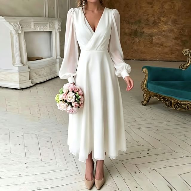 DreesHouse-Puff-Sleeve Wrap A-Line Wedding Gown