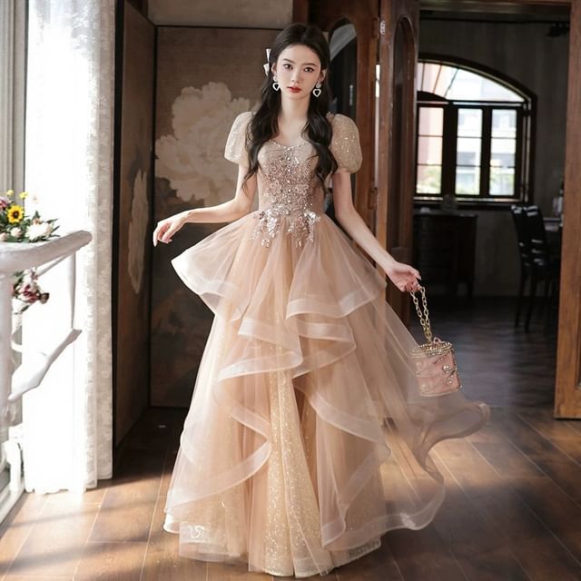 DreesHouse-Short-Sleeve Ruffle A-Line Evening Gown