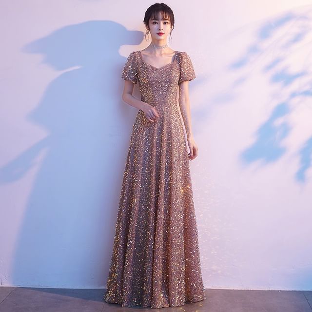 DreesHouse-Short Sleeve Sweetheart Neck Plain Sequin A-Line Evening Gown