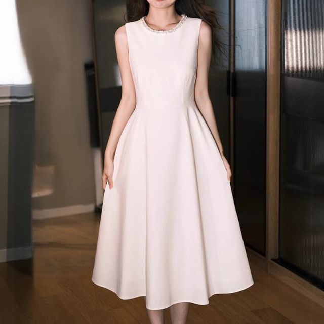 DreesHouse-Sleeveless Round Neck Plain Beaded Midi A-Line Wedding Dress