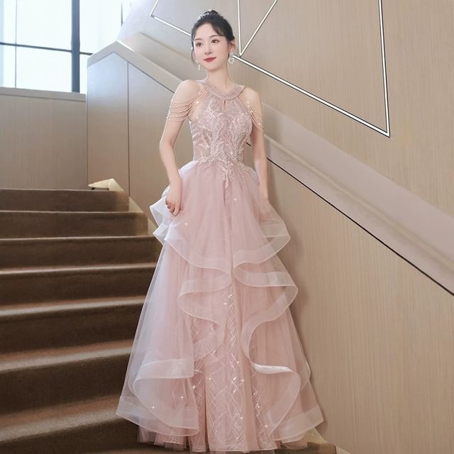 DreesHouse-Sleeveless Ruffle Sheer A-Line Evening Gown