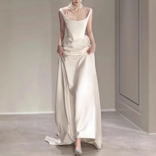 DreesHouse-Sleeveless Scoop Neck Plain Wedding Gown