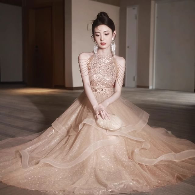 DreesHouse-Sleeveless Sheer Ruffle A-Line Evening Gown