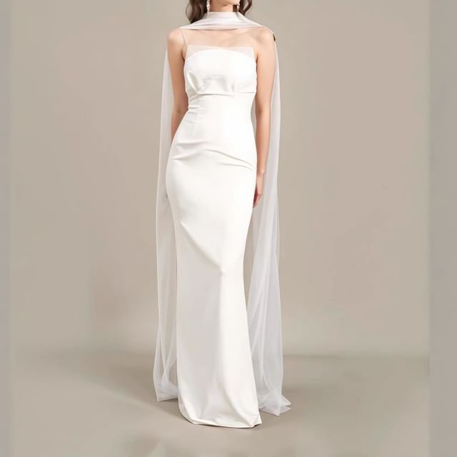 DreesHouse-Spaghetti Strap Mesh Overlay Mermaid Wedding Gown