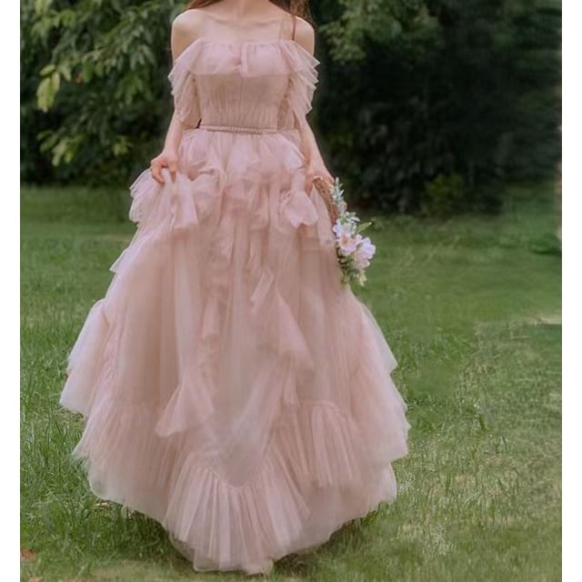 DreesHouse-Spaghetti Strap Plain Ruffle Trim A-Line Evening Gown