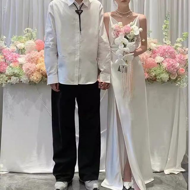 DreesHouse-Spaghetti Strap Plain Wedding Gown