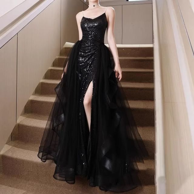 DreesHouse-Spaghetti Strap Sequined Slit Mesh Ruffle A-Line Evening Gown