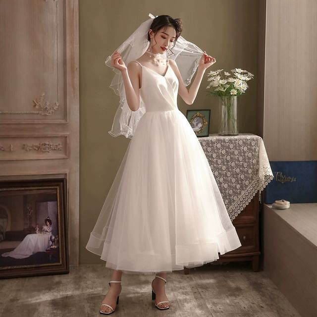 DreesHouse-Spaghetti Strap V-Neck Plain Panel Mesh Maxi A-Line Wedding Dress