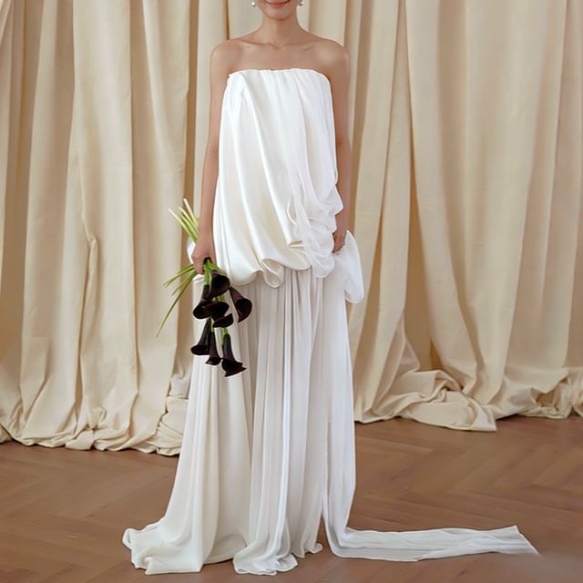 DreesHouse-Strapless Plain Ruched Slit A-Line Wedding Gown