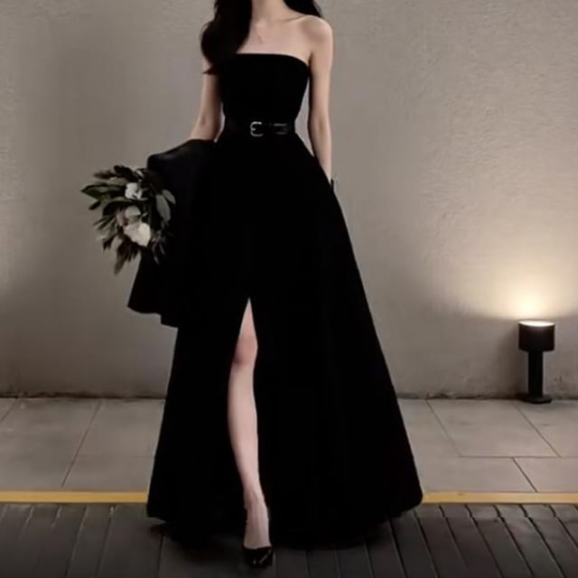 DreesHouse-Strapless Plain Slit A-Line Evening Gown
