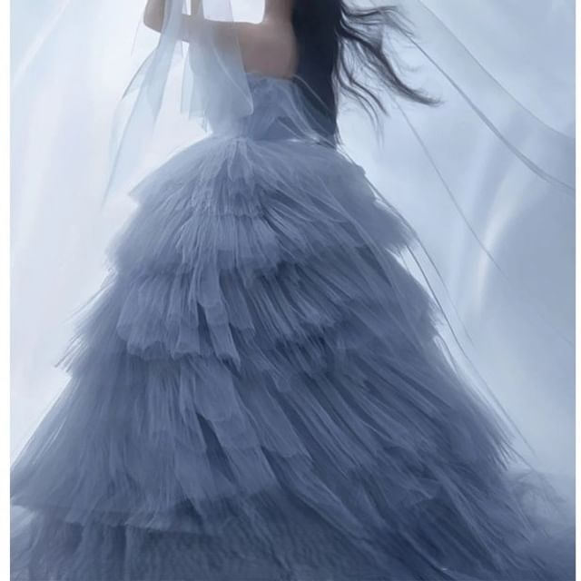 DreesHouse-Strapless Plain Tiered Ruffle A-Line Evening Gown