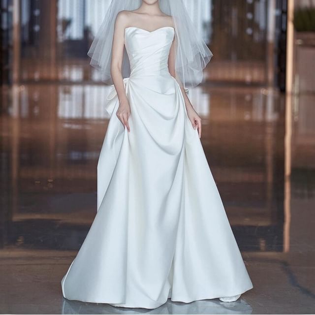 DreesHouse-Strapless Satin Shirred A-Line Wedding Gown