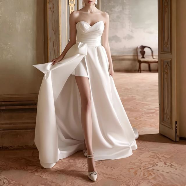 DreesHouse-Strapless Satin Slit A-Line Wedding Gown
