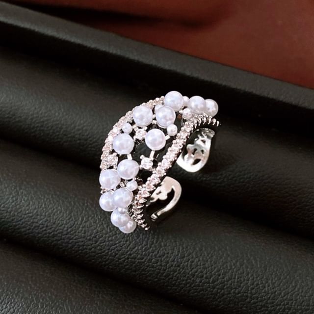 DREN-Faux Pearl Rhinestone Layered Alloy Open Ring
