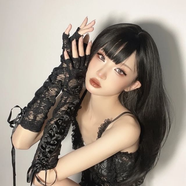 Drexxiax-Lace Up Long Half Gloves