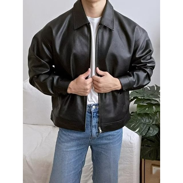 DuckleBeam-Collared Drop Shoulder Faux Leather Oversized Zip Jacket
