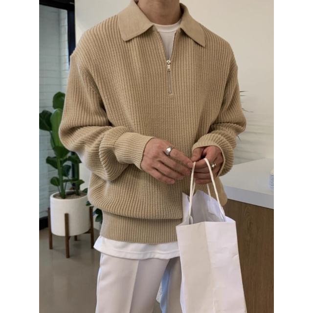DuckleBeam-Collared Plain Half Zip Sweater Long Sleeve Crew Neck Plain T-Shirt