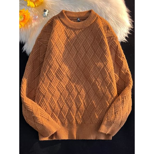 DuckleBeam-Crew neck Plain Cable Knit Sweater