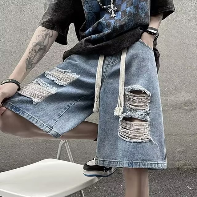 DuckleBeam-Drawstring Waist Distressed Denim Shorts