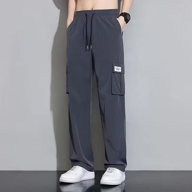 DuckleBeam-Drawstring Waist Plain Straight Leg Cargo Pants