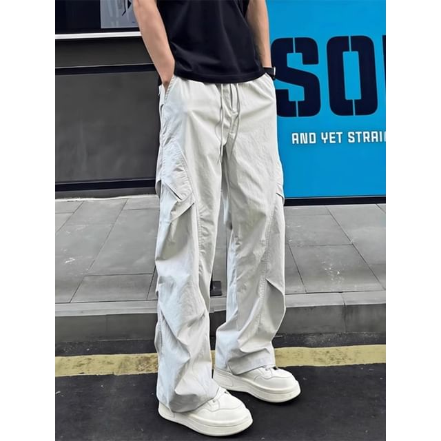 DuckleBeam-Drawstring Waist Plain Wide Leg Pants