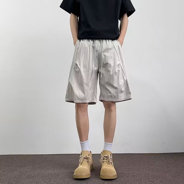 DuckleBeam-Drawstring Waist Plain Wide Leg Shorts