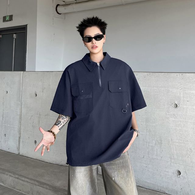 DuckleBeam-Elbow-Sleeve Half Zip Plain Pocketed Polo Top