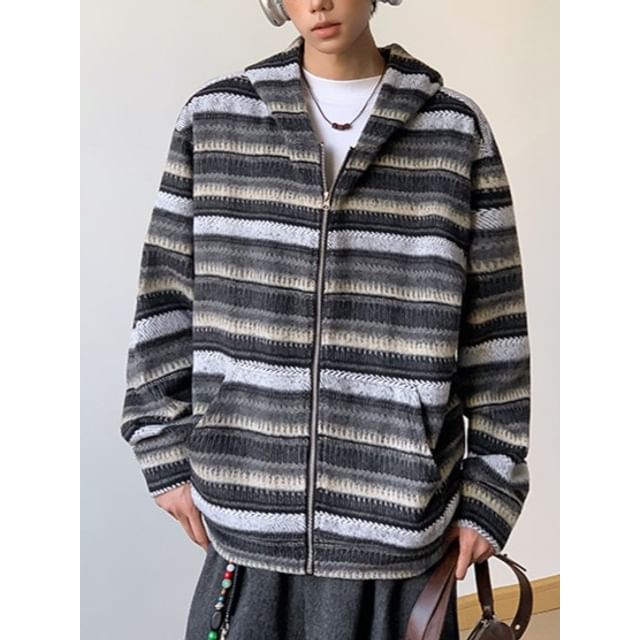 DuckleBeam-Hooded Striped Oversized Zip Jacket