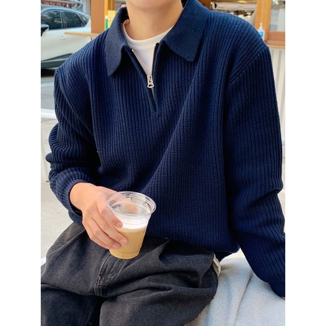 DuckleBeam-Plain Half Zip Polo Sweater
