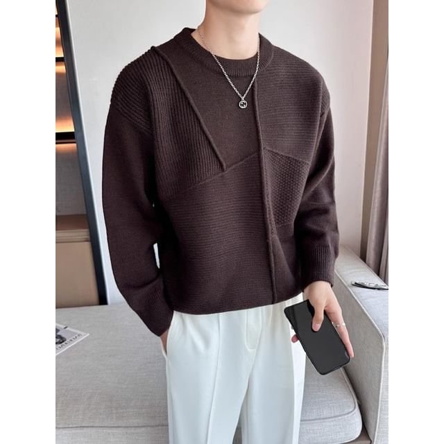 DuckleBeam-Round Neck Plain Panel Ribbed Sweater