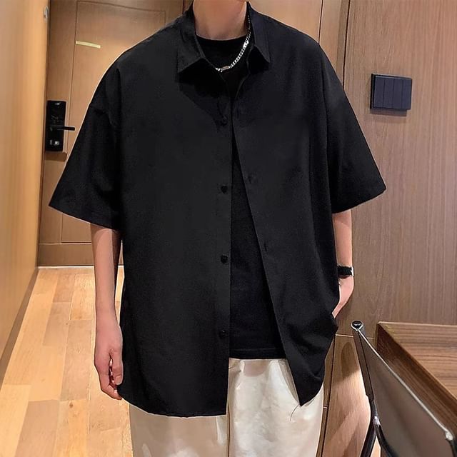 DuckleBeam-Short-Sleeve Button-Up Plain Shirt