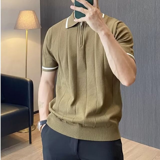 DuckleBeam-Short-Sleeve Half Zip Plain Knit Polo Top