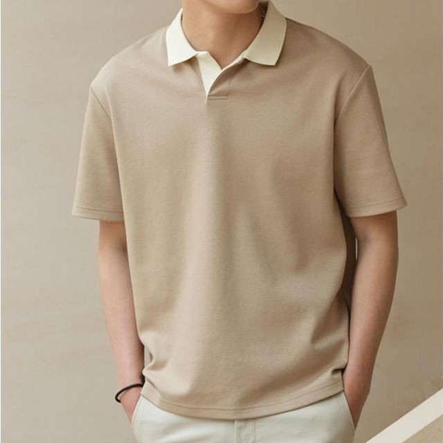 DuckleBeam-Short-Sleeve Plain Knit Polo Top