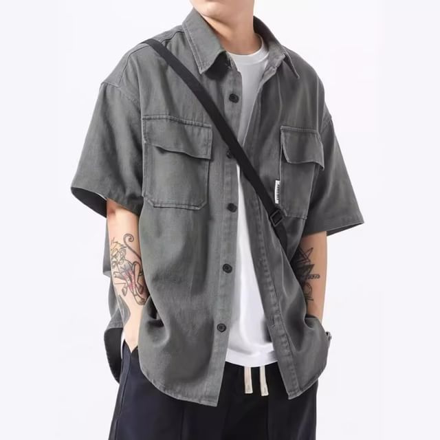 DuckleBeam-Short-Sleeve Pocketed Plain Shirt