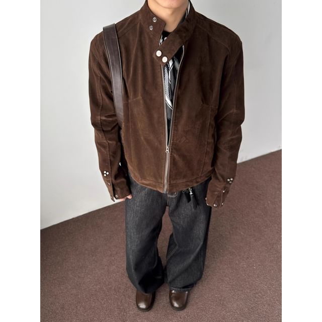 DuckleBeam-Stand Collar Plain Faux Suede Zip Jacket