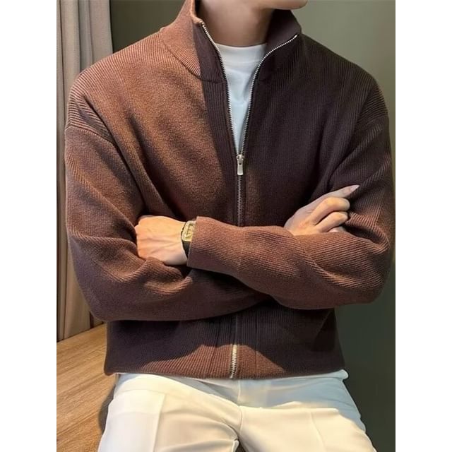 DuckleBeam-Stand Collar Plain Zip Knit Jacket