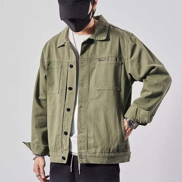Dukakis-Collared Plain Button Denim Jacket