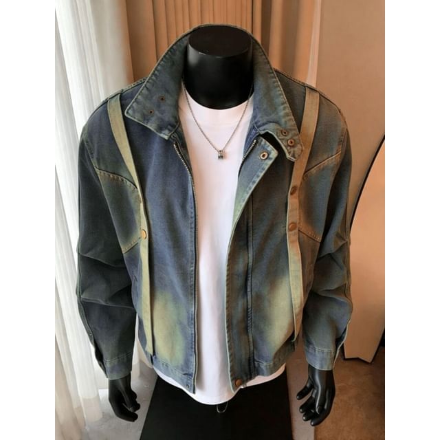 Dukakis-Collared Zip-Up Denim Jacket