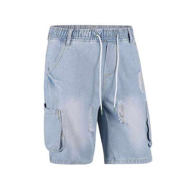 Dukakis-Drawstring Waist Distressed Denim Cargo Shorts