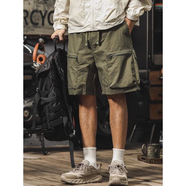 Dukakis-Drawstring Waist Plain Cargo Shorts