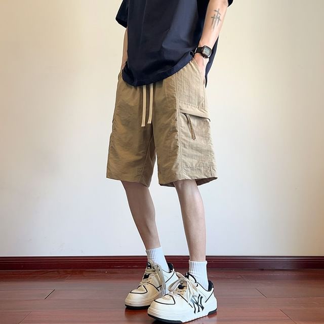 Dukakis-Drawstring Waist Plain Cargo Shorts