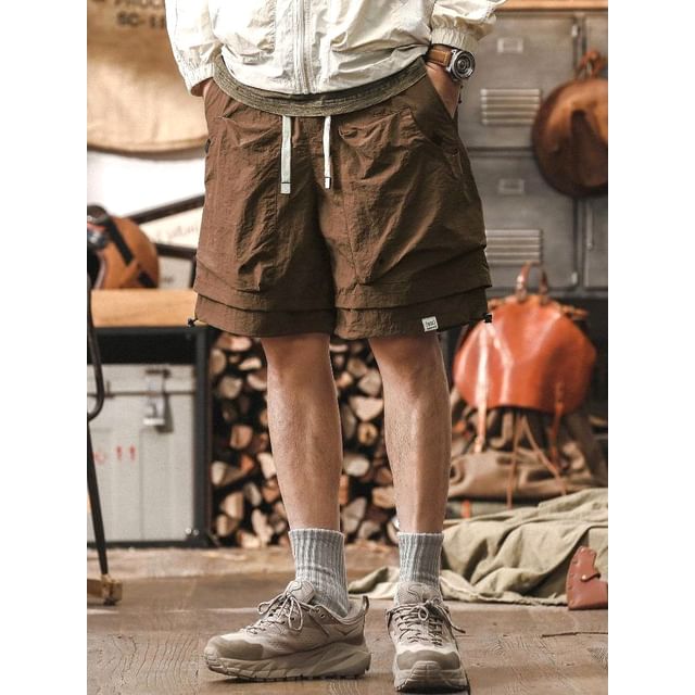 Dukakis-Drawstring Waist Plain Panel Mesh Cargo Shorts