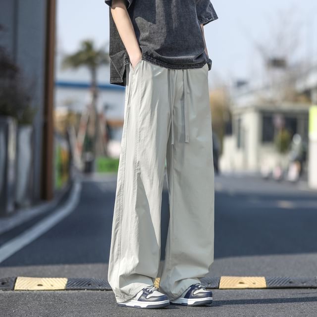Dukakis-Drawstring Waist Plain Straight Leg Pants