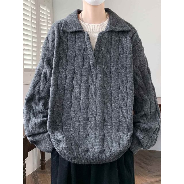 Dukakis-Drop Shoulder Plain Cable Knit Polo Sweater