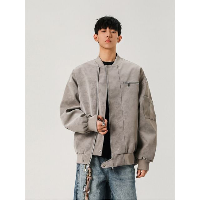 Dukakis-Drop Shoulder Plain Zip Bomber Jacket
