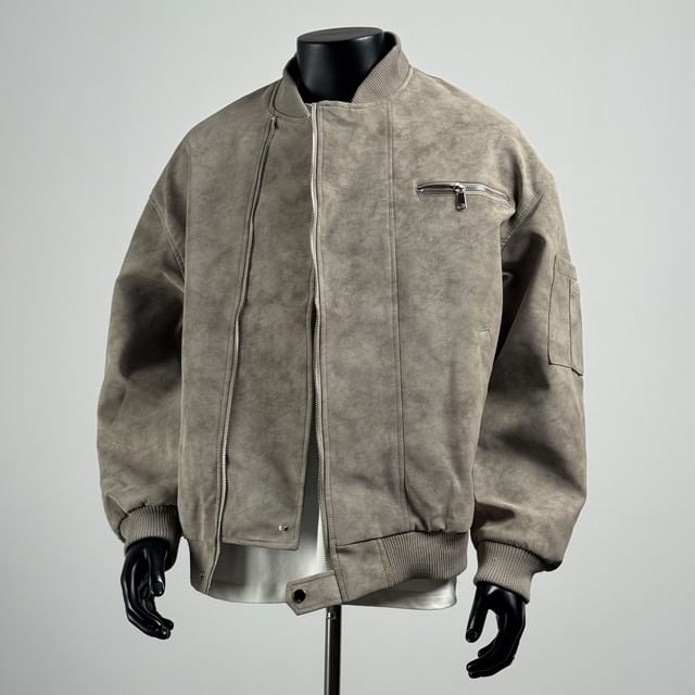 Dukakis-Drop Shoulder Plain Zip Bomber Jacket