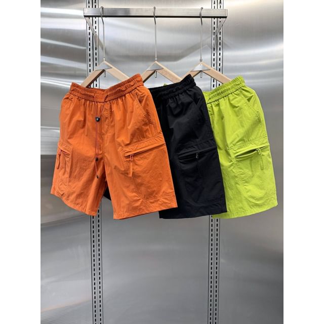 Dukakis-Elastic Waist Plain Cargo Shorts